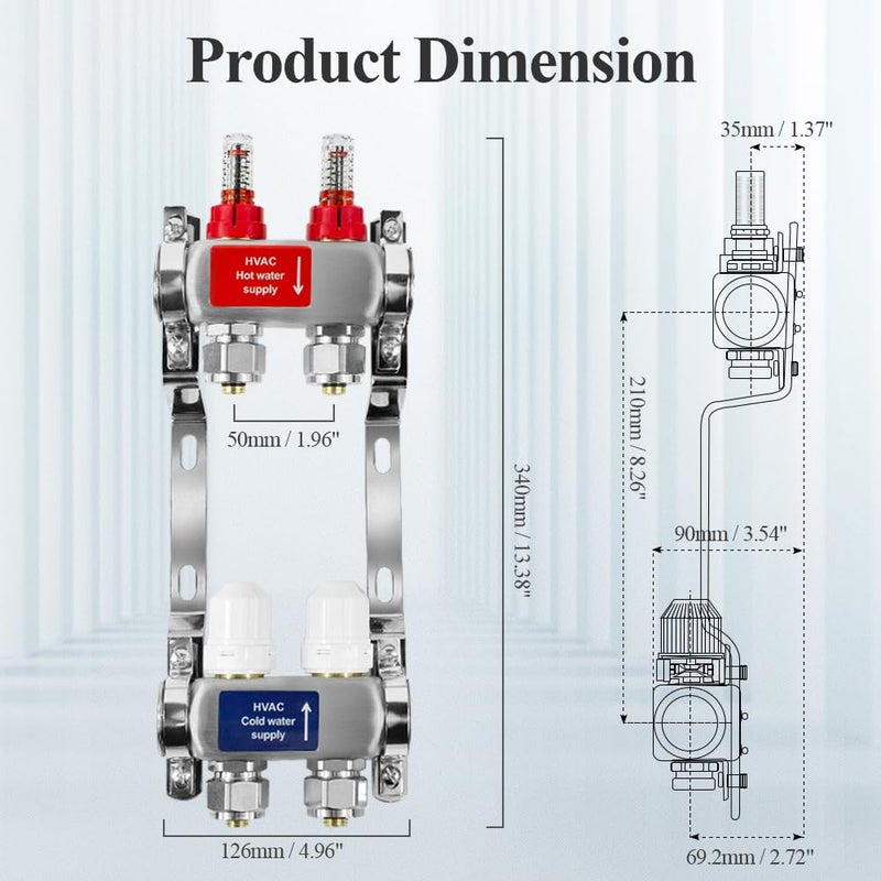 AB 2 Loop PEX/Radiant Manifold, 1/2 Inch Compatible Outlets, Up to 1.4 GPM Flow Valve for Hydronic Radiant Floor Heating(1/2" Connectors Included) - Image 4